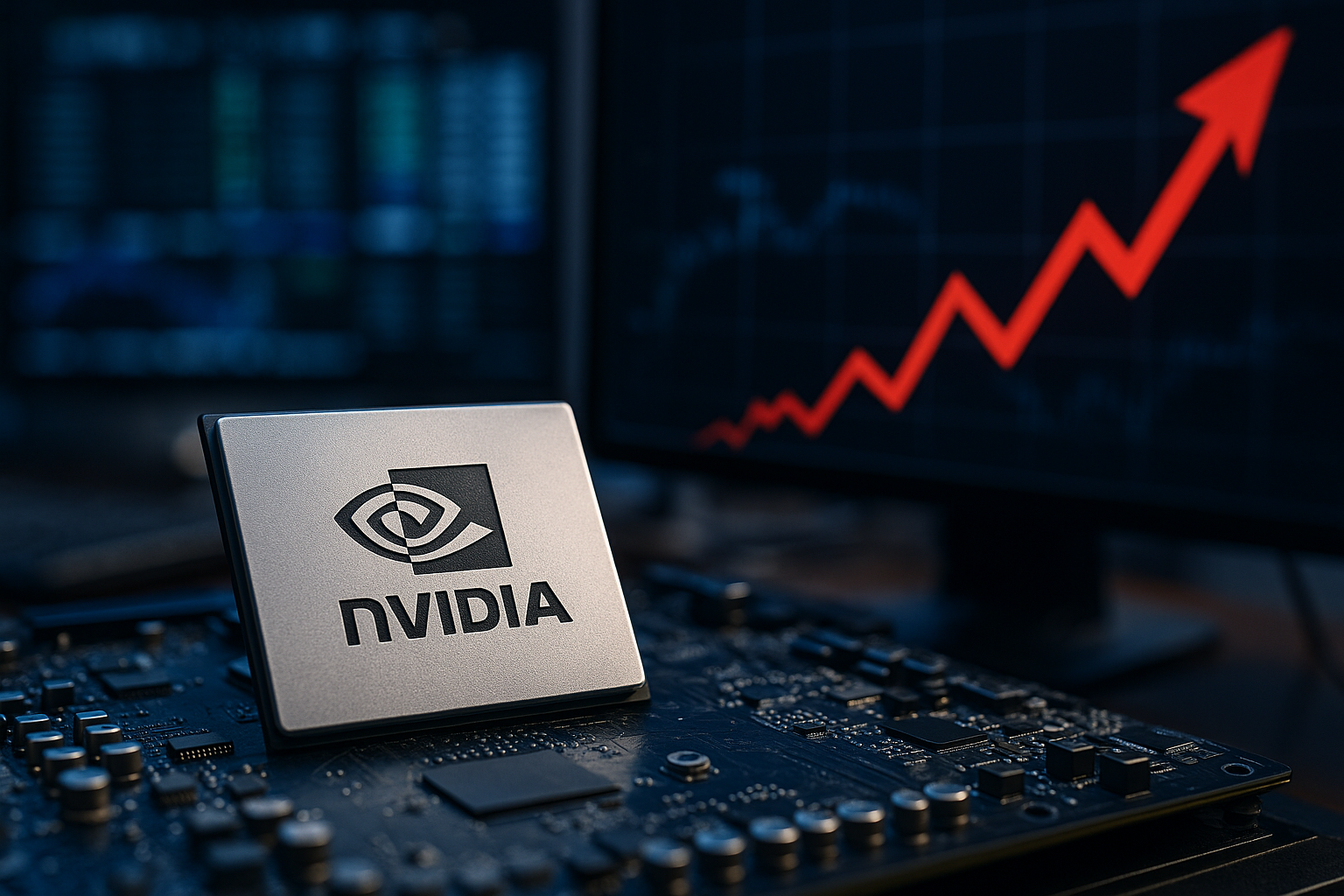 A photorealistic close-up of an Nvidia GPU on a circuit board, with blurred financial monitors and an upward-trending red market line in the background.