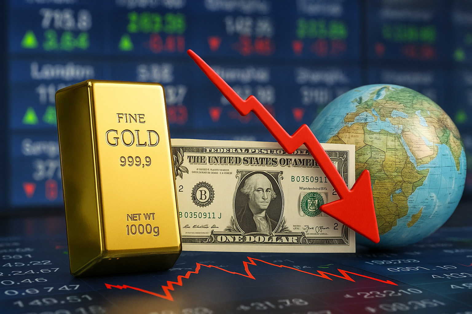 A photorealistic scene featuring a gold bar, a U.S. dollar bill, a globe showing Europe and Africa, and a red downward-trending arrow against a backdrop of international stock market data.
