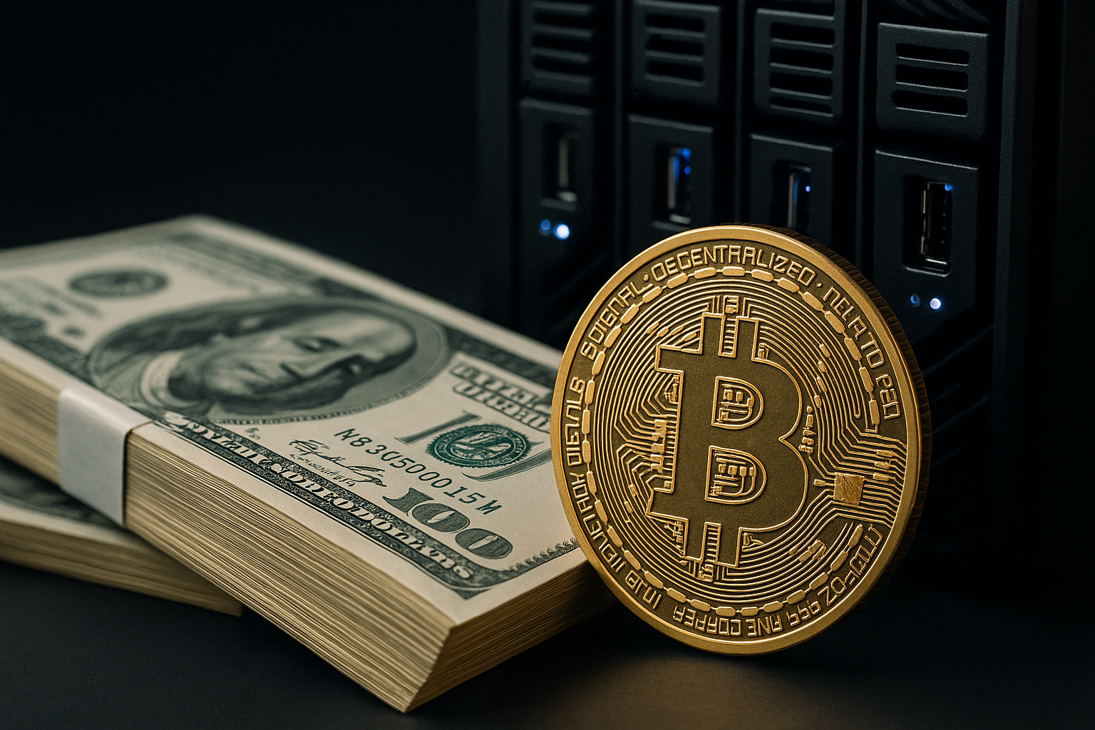 A photorealistic close-up of a gold Bitcoin coin positioned beside stacks of U.S. $100 bills, with a blurred background of a dark server rack illuminated by blue LED lights.