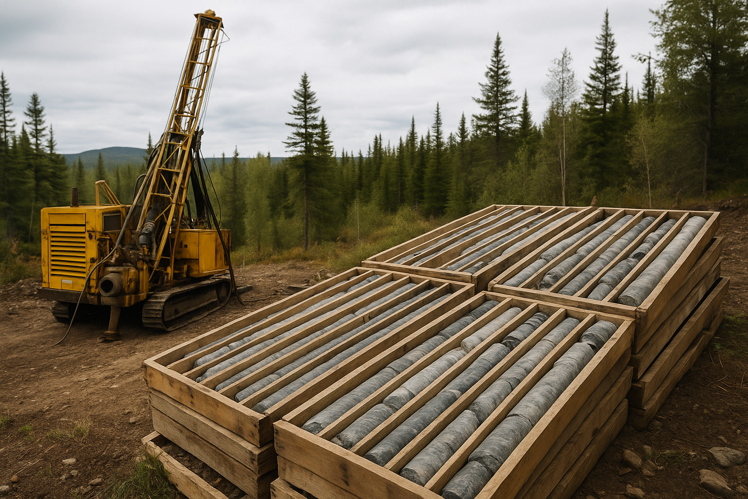A photorealistic scene showing a yellow drilling rig in a forested exploration site with stacked wooden core boxes filled with cylindrical rock samples.