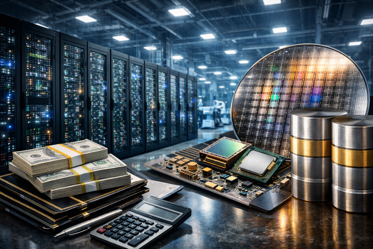 Photorealistic scene of a modern data center with glowing server racks in the background and a foreground arrangement of bundled cash, bond-style documents, a calculator, and semiconductor components including a chip board and silicon wafer.