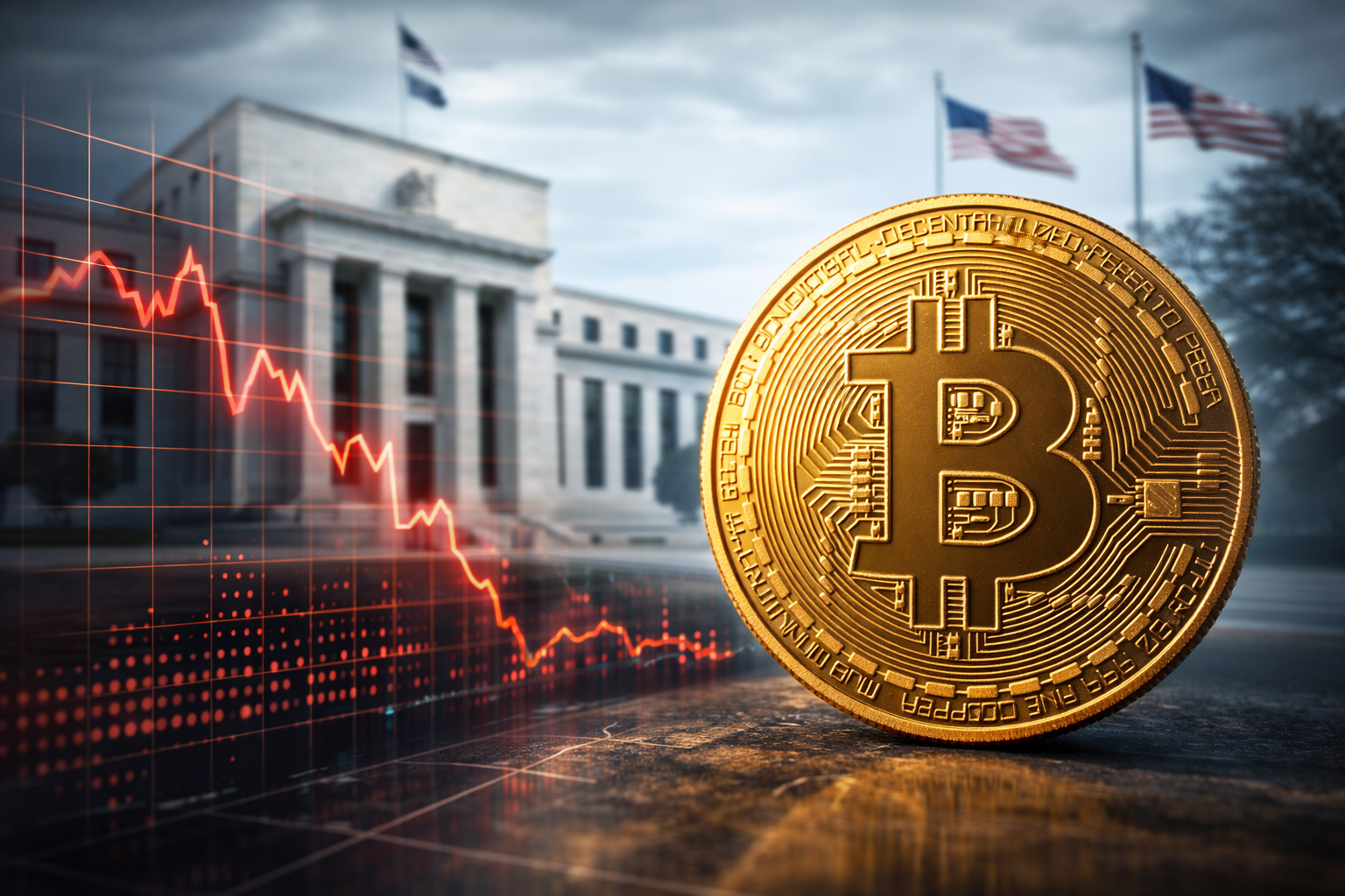 Photorealistic close-up of a gold Bitcoin coin in the foreground, with a red downward-trending market chart overlay on the left and a blurred U.S. Federal Reserve-style building and flags in the background.