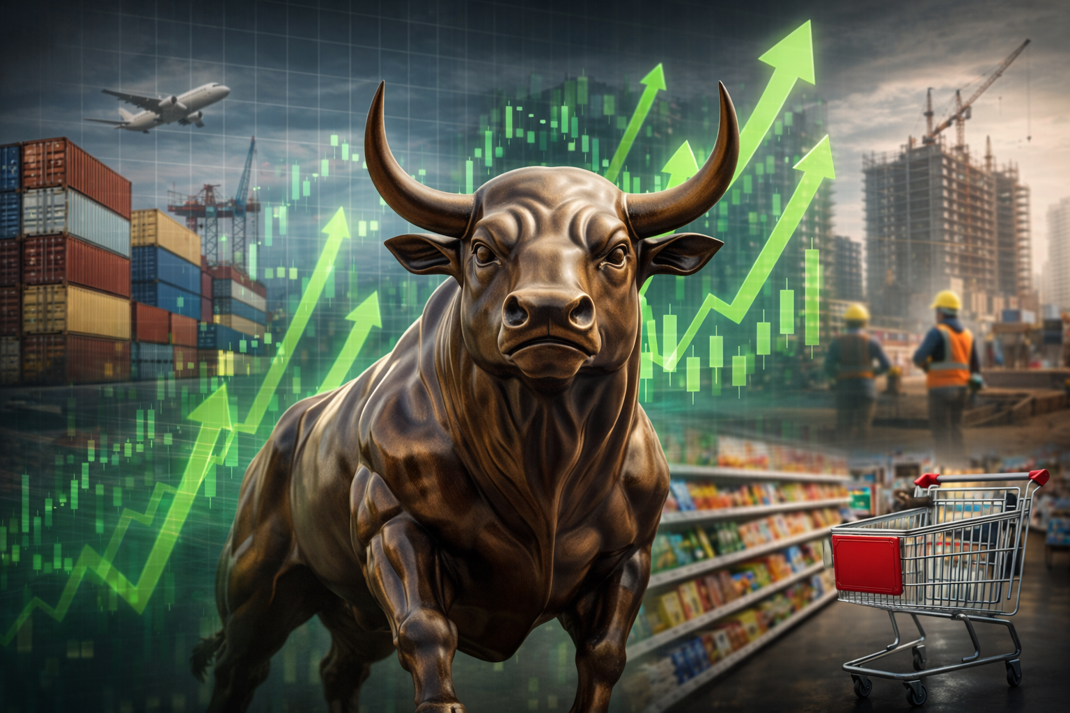 Photorealistic scene of a bronze bull statue in the foreground with an upward-trending green market-chart overlay behind it, plus background elements suggesting broader economic sectors such as shipping containers at a port, a retail aisle with a shopping cart, and a construction site with cranes.