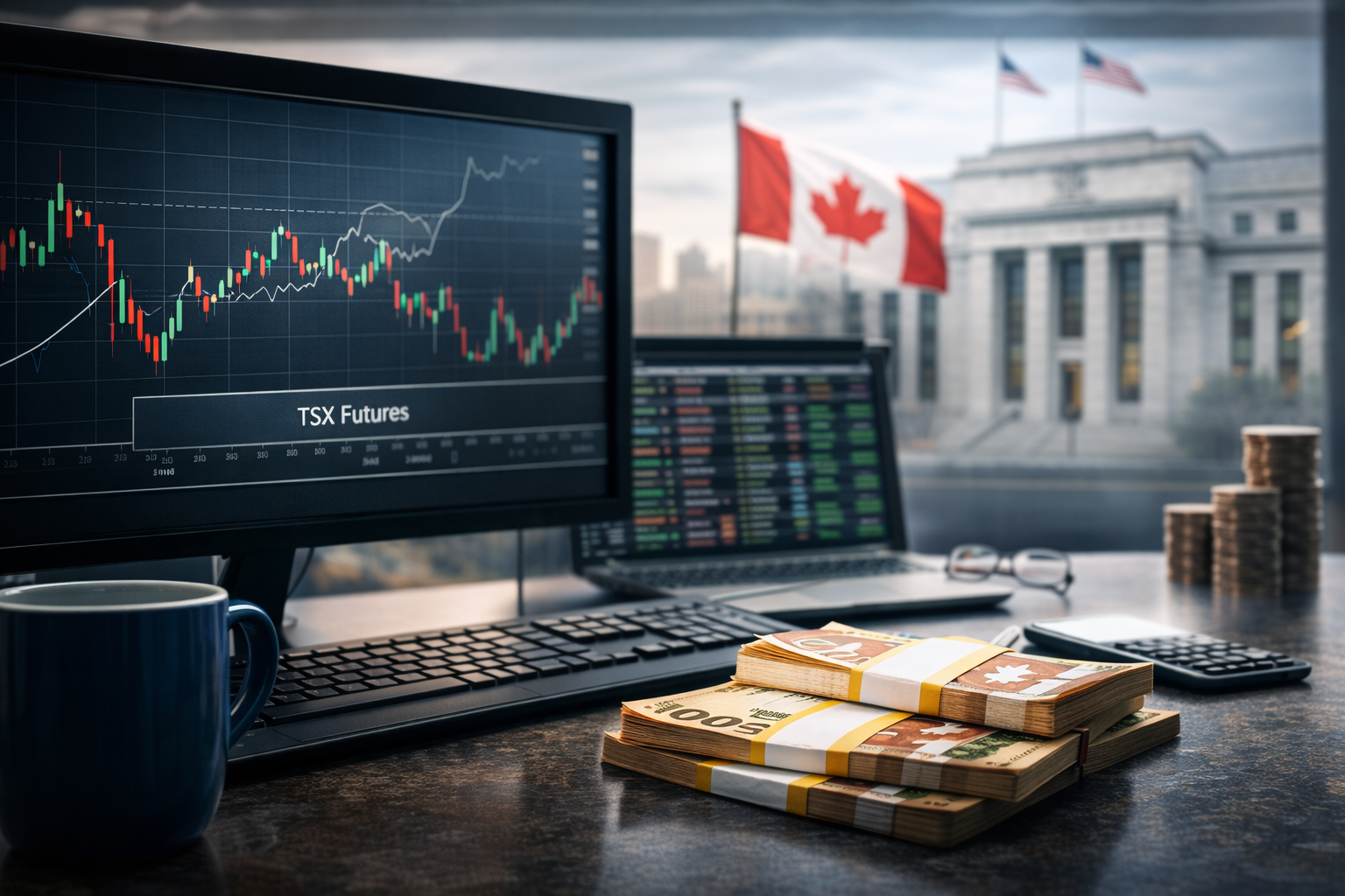 Photorealistic trading desk scene with a large monitor showing a market candlestick chart, stacks of Canadian dollar banknotes and coins on the desk, a blue coffee mug, and a smartphone with market data; in the blurred background, a Canadian flag is prominent with U.S. government-style architecture and U.S. flags behind it.