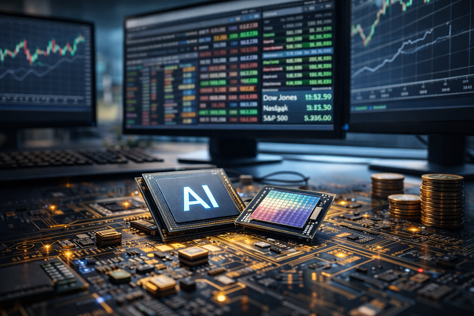 Photorealistic close-up of AI-related computer chips on a circuit board in the foreground, with stacks of coins nearby and multiple blurred trading monitors in the background showing rising market charts and green index-style figures.