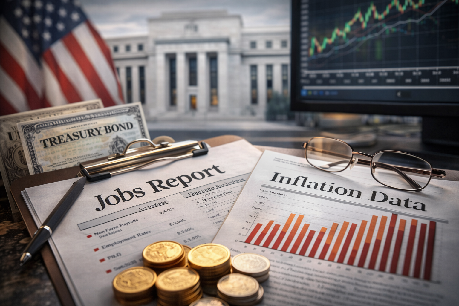 Photorealistic close-up of a clipboard with printed economic reports in the foreground, alongside Treasury bond paperwork, a pen, and coins; in the blurred background are a U.S. flag and a central-bank-style building, with a monitor showing an upward market chart.