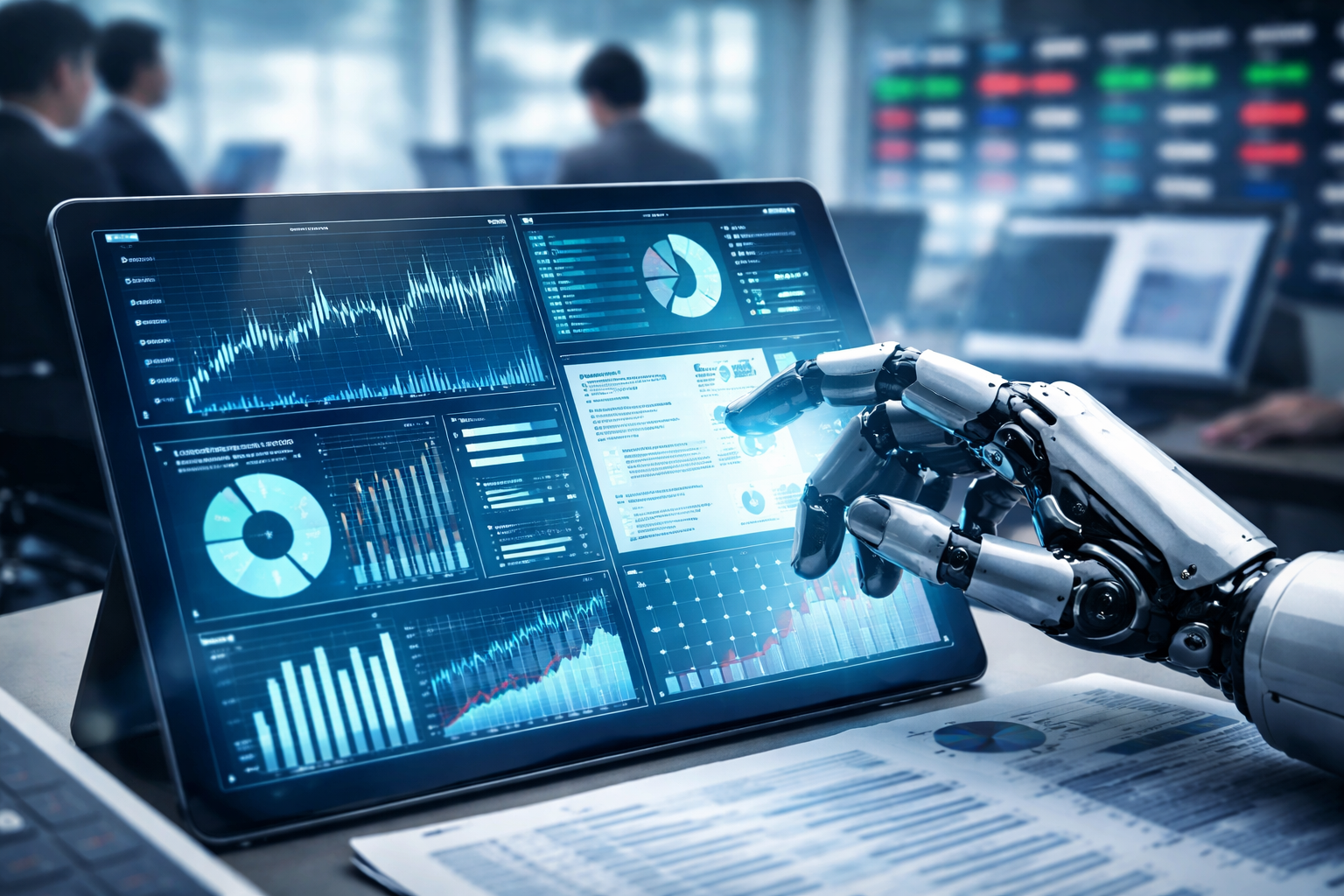 A robotic hand interacts with a large tablet displaying financial charts and analytics in a modern office, with finance professionals blurred in the background.