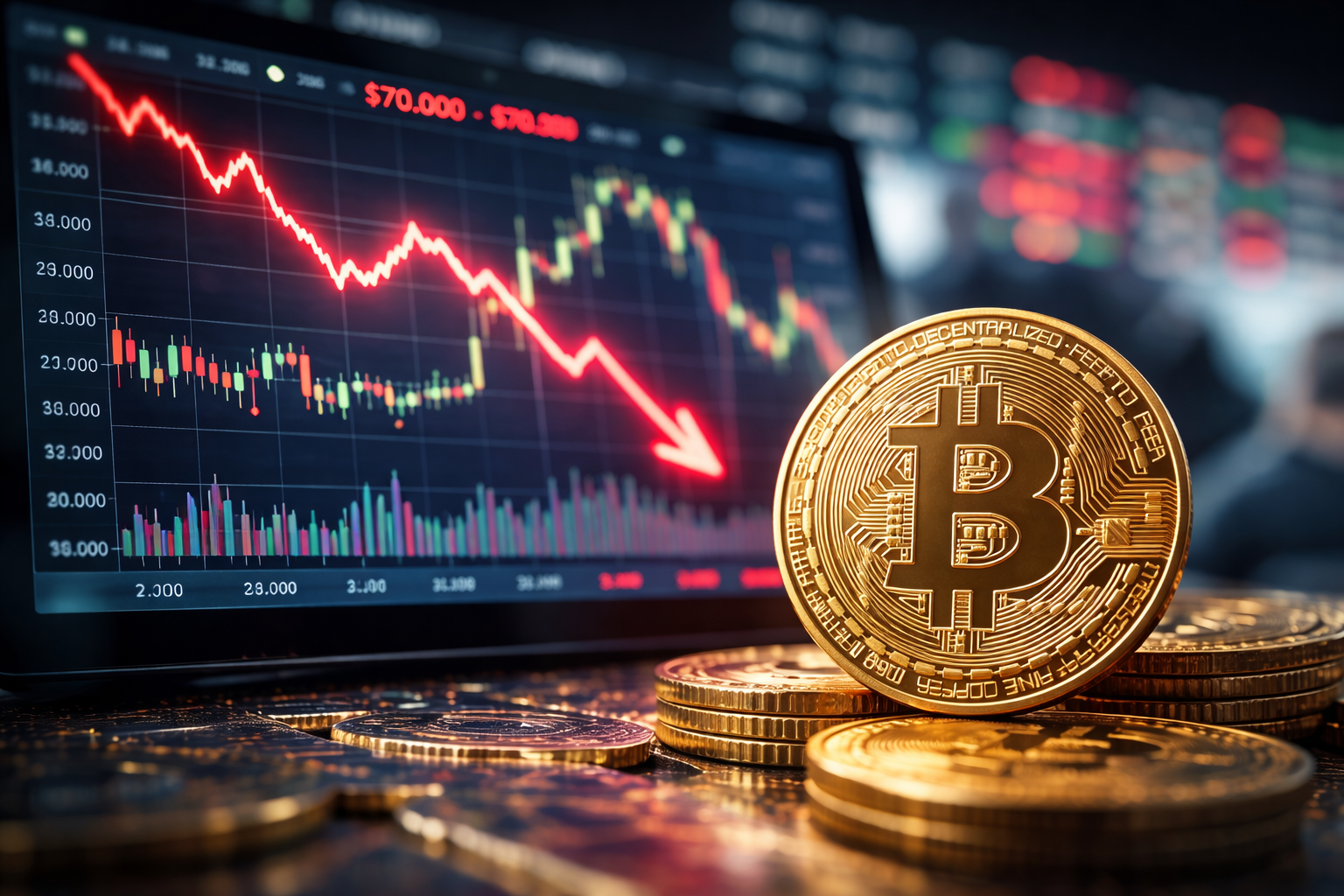 A close-up Bitcoin coin resting on stacked coins in front of a trading screen showing a sharp market decline with red price movement and candlestick data.