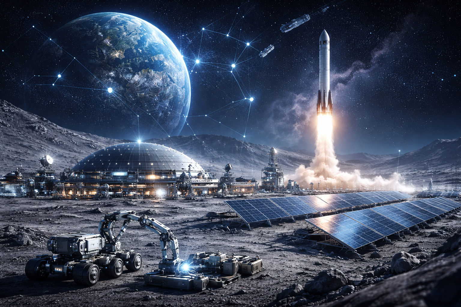Robotic arms and industrial equipment operate around a lunar base with domed habitats as a large rocket lifts off from the moon, with Earth visible in the sky.