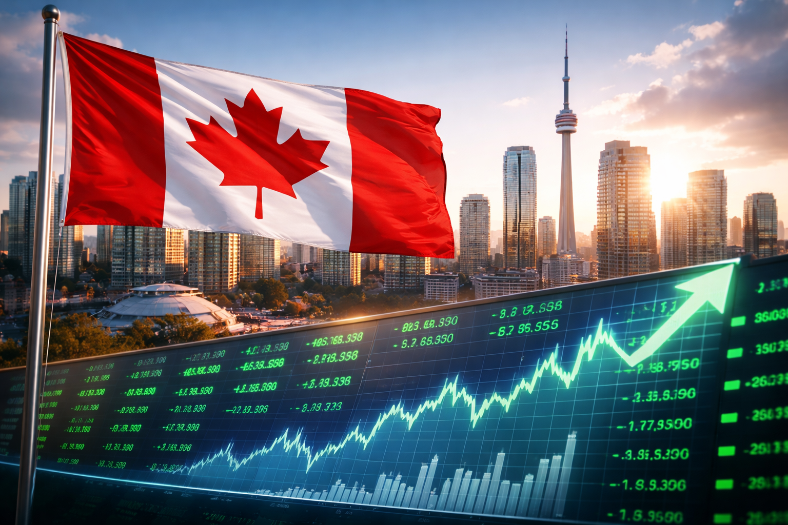 A Canadian flag waves in the foreground with the Toronto skyline and CN Tower behind it, while a market chart with an upward trend appears along the bottom.