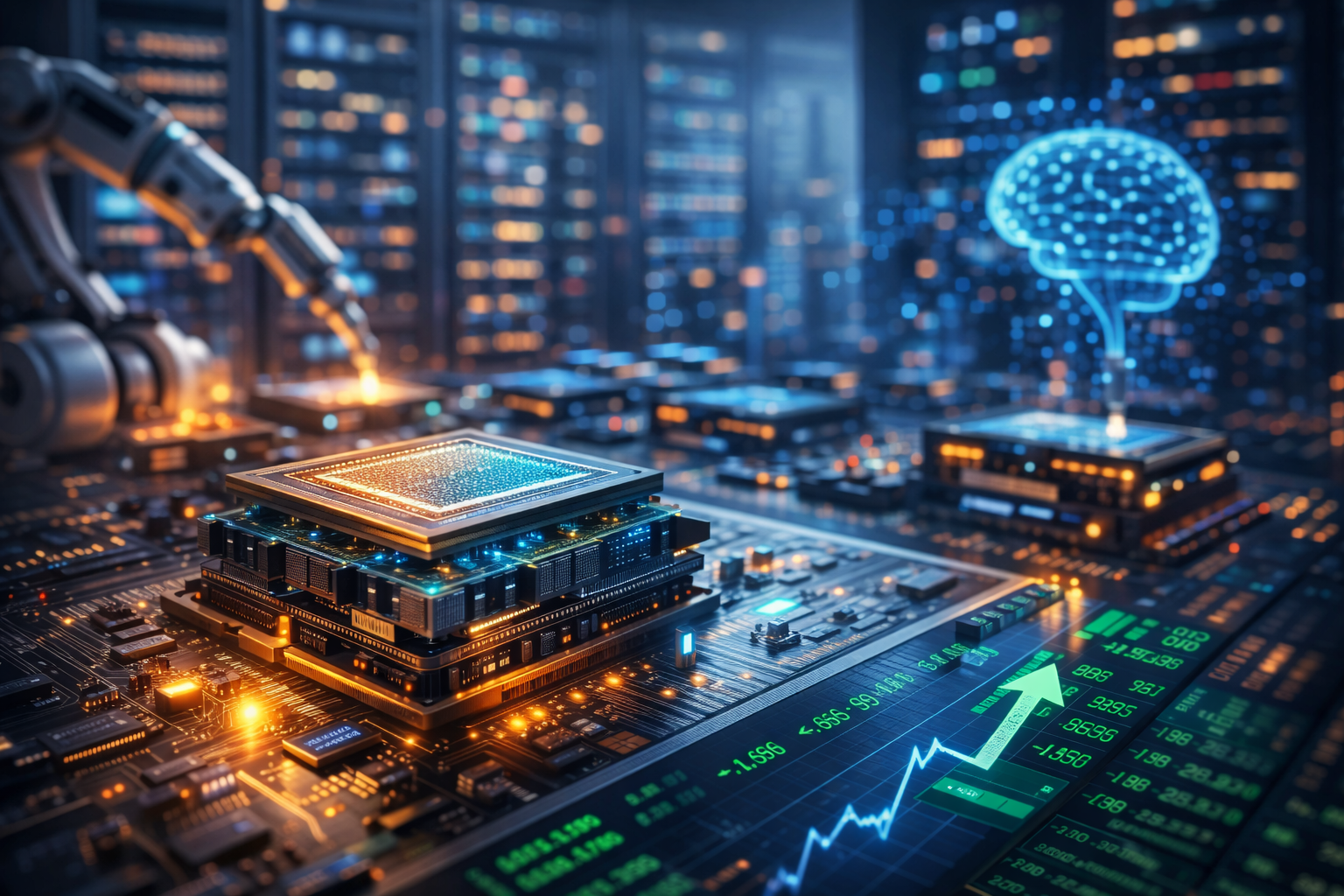 Stacked high-performance computer chips glow on a circuit-board surface inside a data-center setting, with blurred server racks and advanced computing hardware in the background.