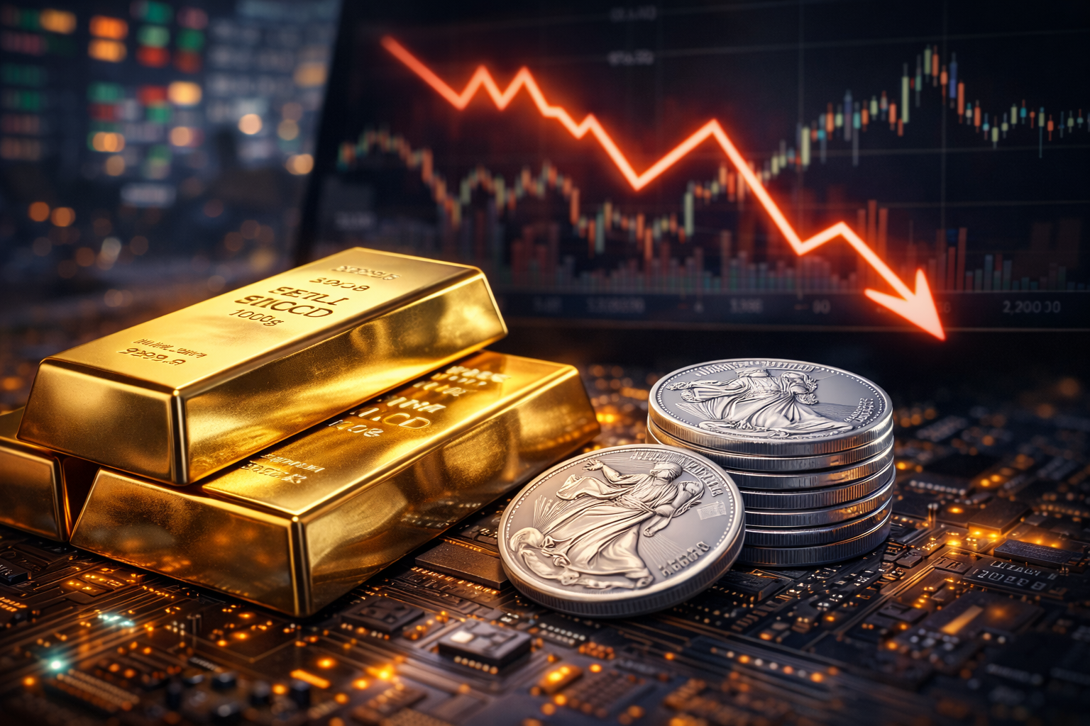 Stacked gold bars and silver coins sit in the foreground with a blurred market chart and downward-trending line in the background.