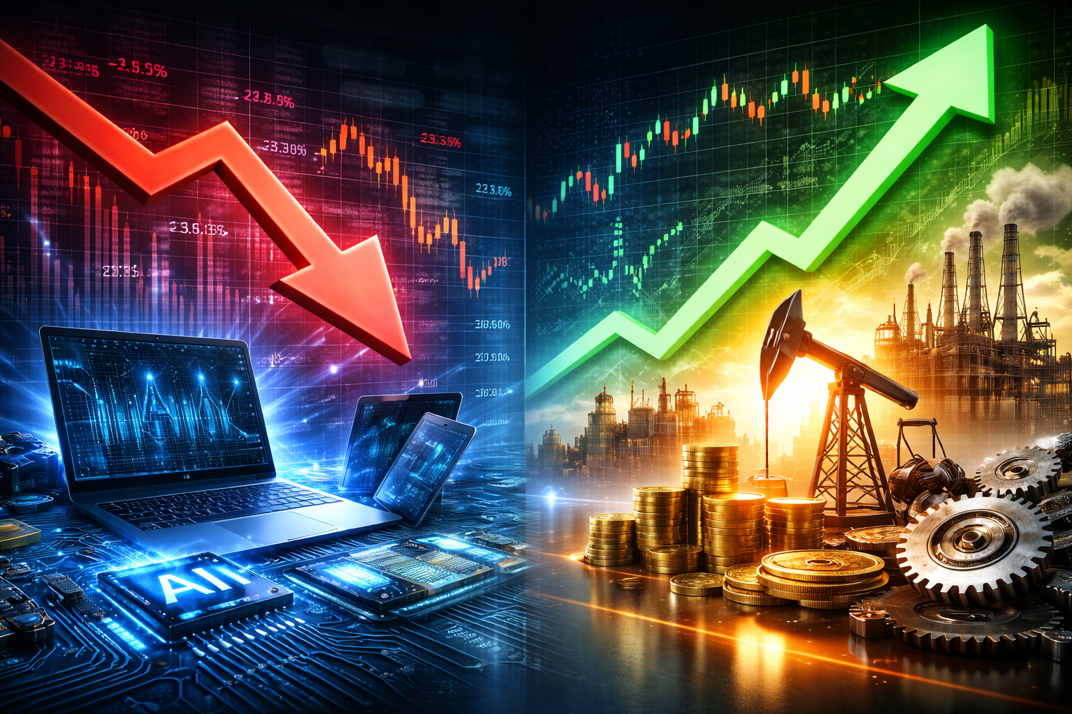 Split-scene financial montage showing technology hardware under a falling market indicator on the left and an energy/industrial landscape with a rising market indicator on the right.