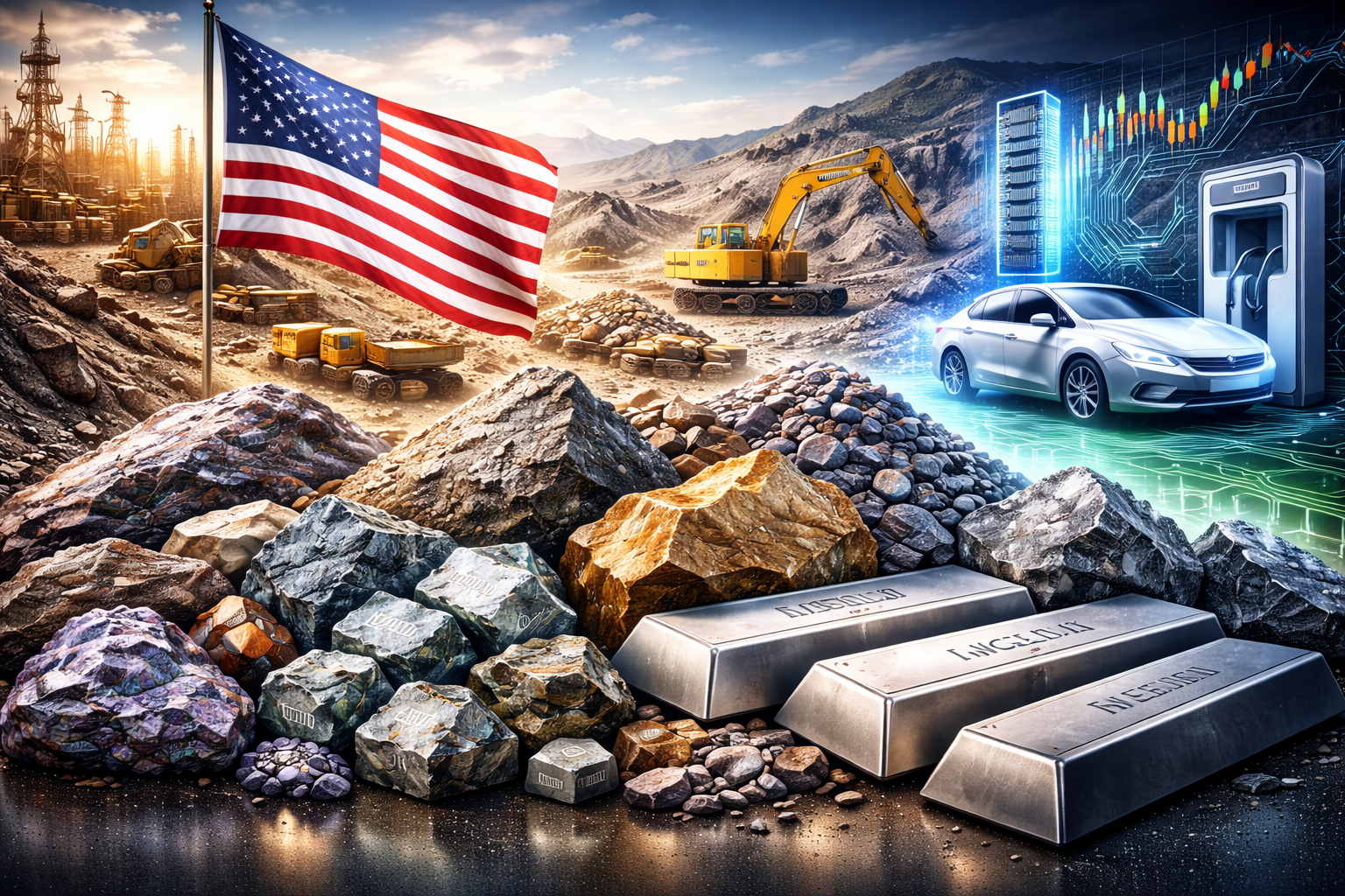 Mining site with excavators and piles of mineral-rich rock in the foreground, a U.S. flag waving near the center, and EV and semiconductor-themed technology visuals in the background.
