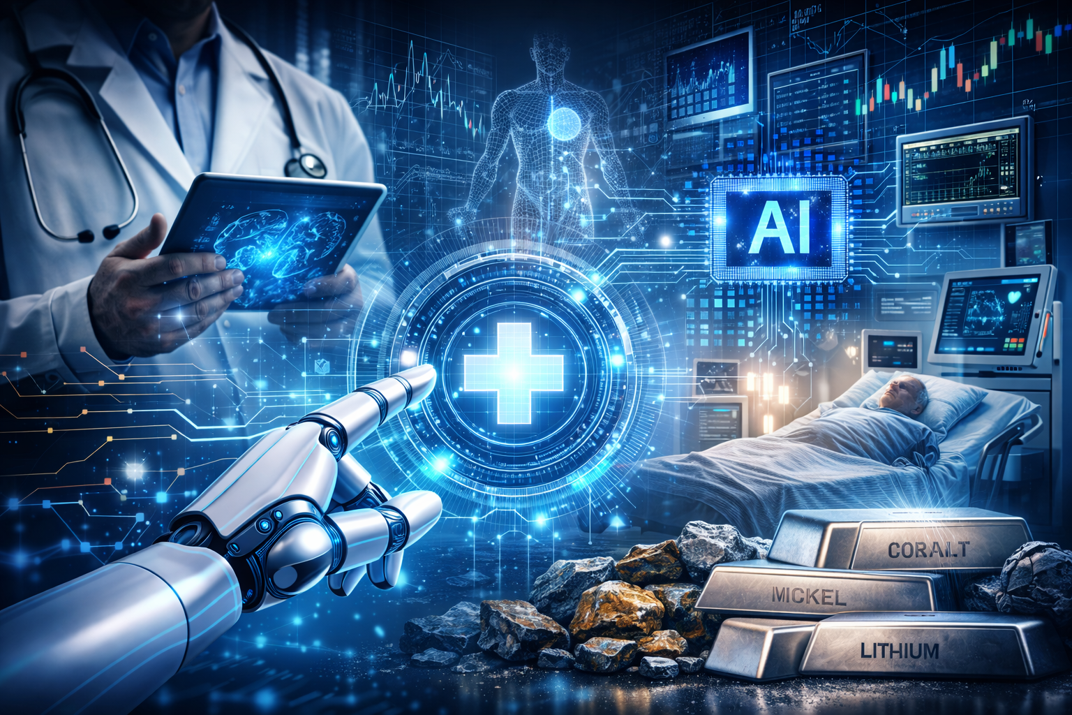 Doctor holding a tablet with medical imaging beside a high-tech hospital scene, patient monitors, and glowing AI-themed circuitry elements connected through a central medical symbol.