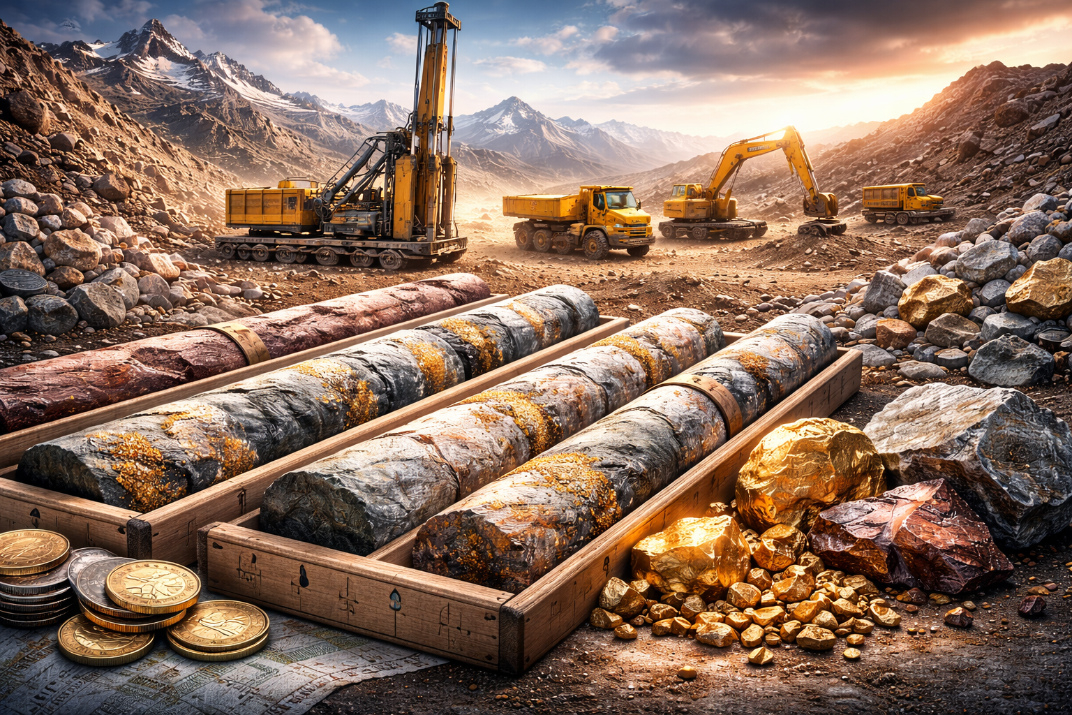 High-altitude exploration site at sunset with active drill rig and excavators in the background, and boxed drill core samples and mineral-rich rock with metallic flecks in the foreground.