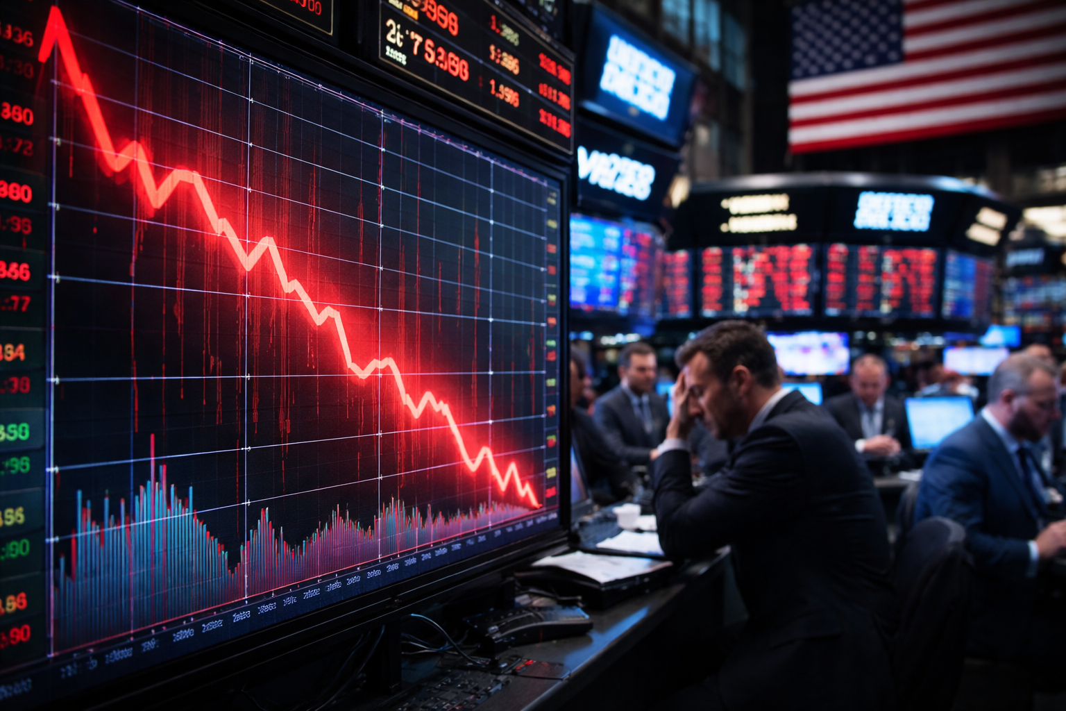 Traders on a U.S. stock exchange floor watch large market screens showing a steep red downward chart amid broad equity declines.
