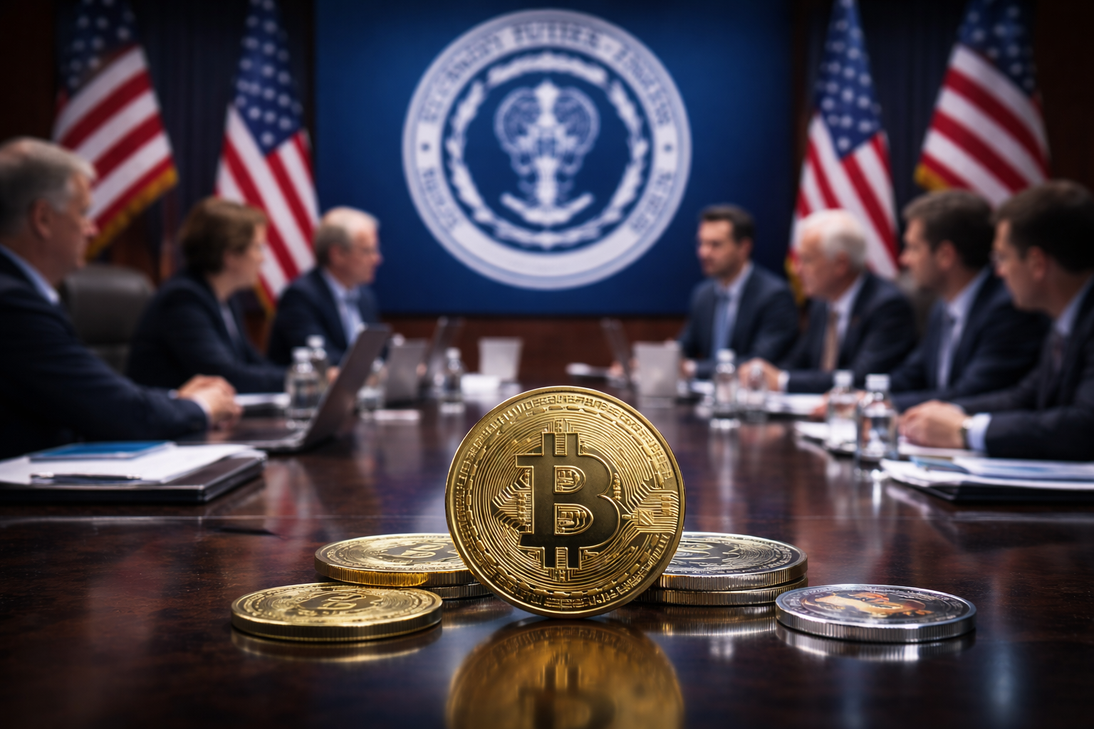 A bitcoin coin in the foreground on a conference table, with U.S. flags and officials in a formal meeting room blurred in the background.