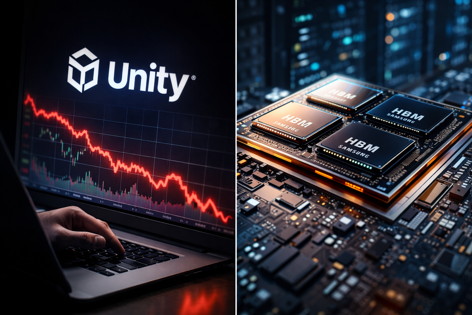 Split-screen scene showing a laptop with a falling red market chart and a software brand mark on the left, and a close-up of high-bandwidth memory chips on a circuit board on the right.