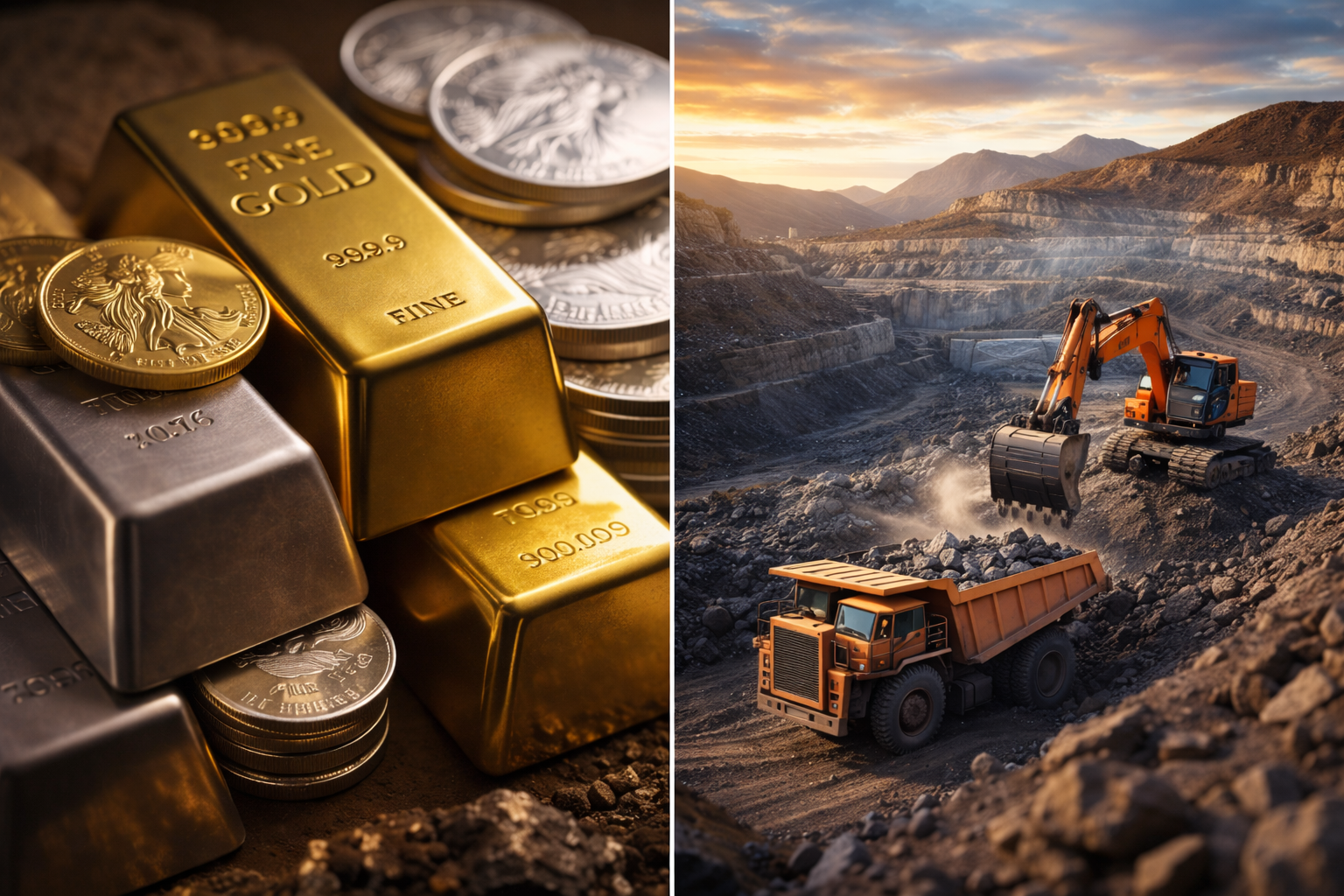 Close-up of stacked gold bars and silver coins beside a separate view of an open-pit mine with an excavator and haul truck at work under a warm sunset sky.