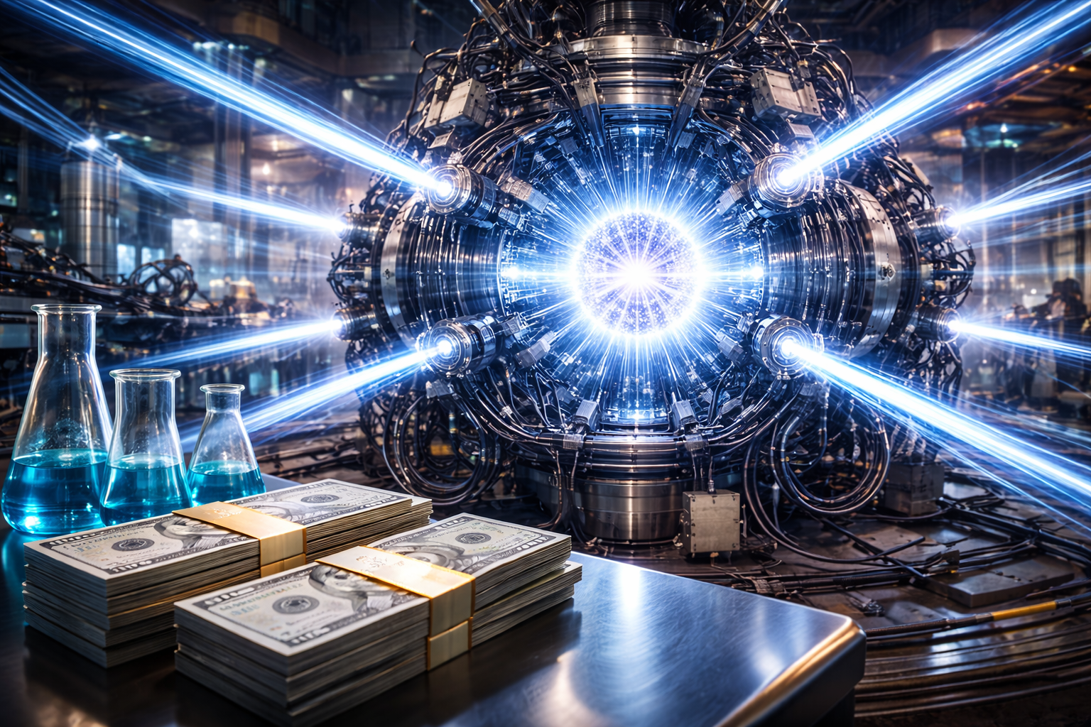 A bright blue-white fusion reactor emitting laser-like beams inside a high-tech lab, with stacks of U.S. dollar bills and glass flasks of blue liquid in the foreground.