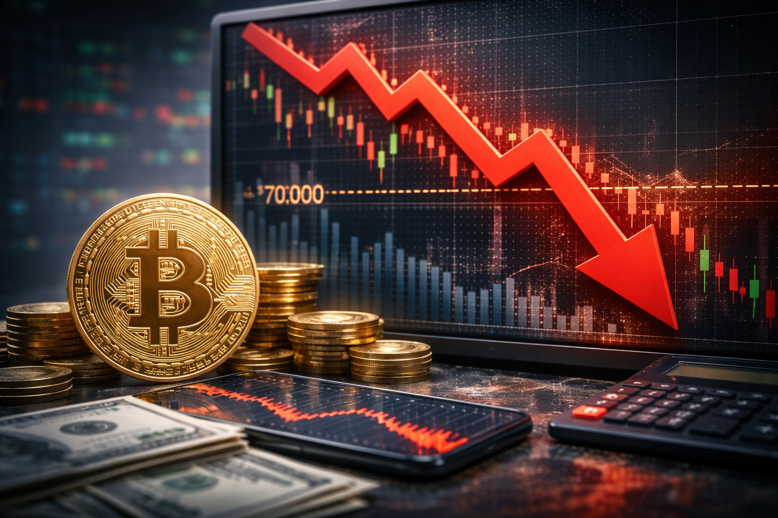 Photorealistic close-up of a gold Bitcoin coin and stacked coins in front of a trading monitor showing a steep red downward arrow over candlestick charts, with a “70,000” level line visible, plus a smartphone, cash, and a calculator on the desk.