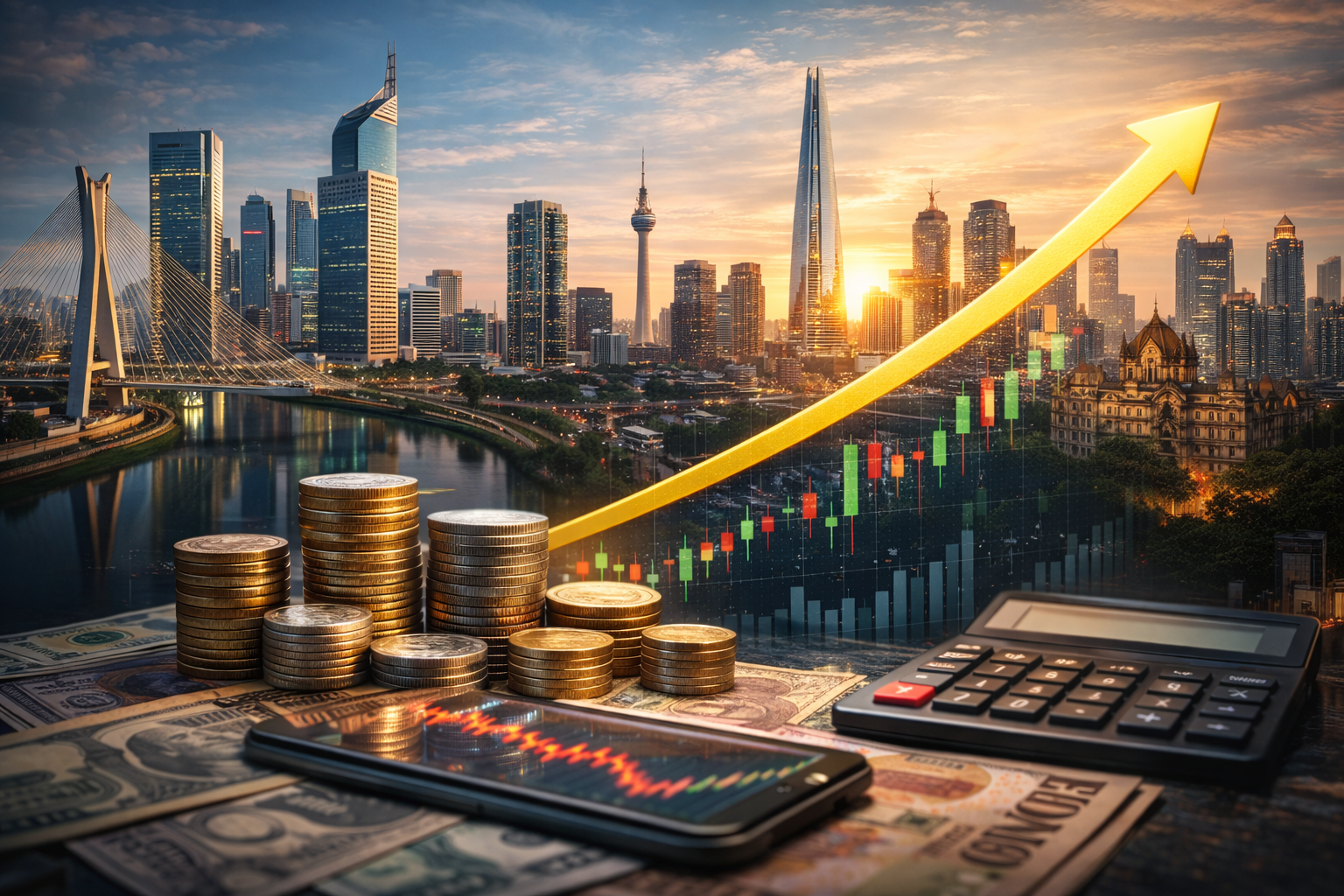 Photorealistic composite skyline representing major emerging-market cities at sunset, with stacks of coins and mixed banknotes in the foreground, a smartphone and calculator on a desk, and an upward-trending chart graphic rising across the scene.