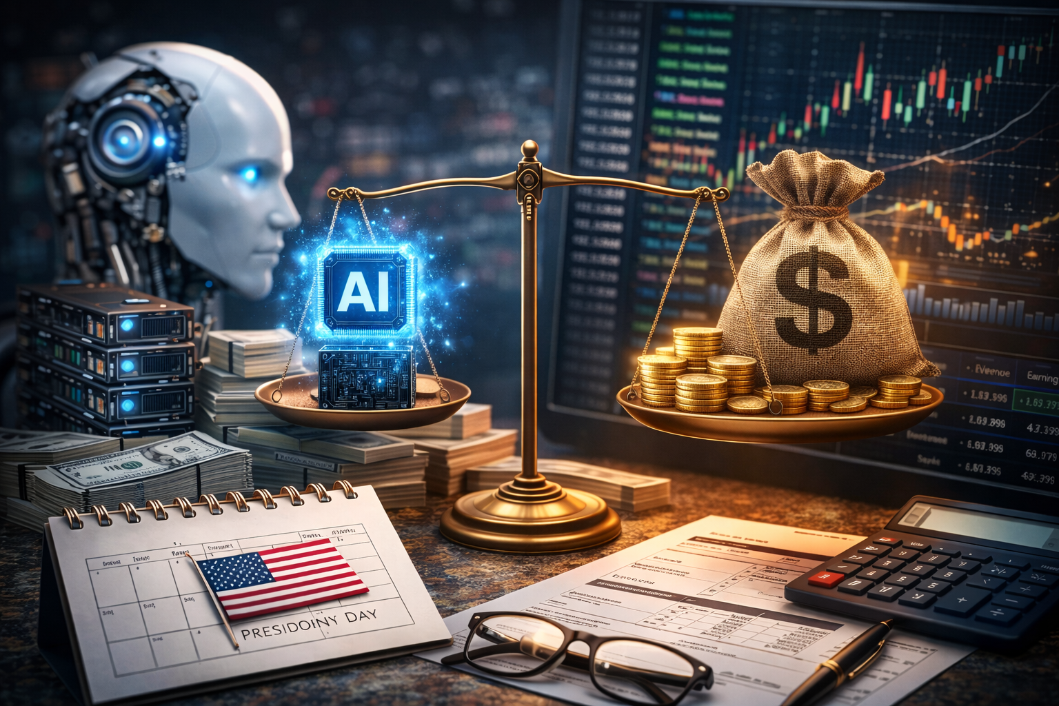 Photorealistic scene of a balance scale weighing a glowing AI microchip against a money bag and stacks of gold coins, with a humanoid robot head, servers, cash, and a trading screen with charts in the background.