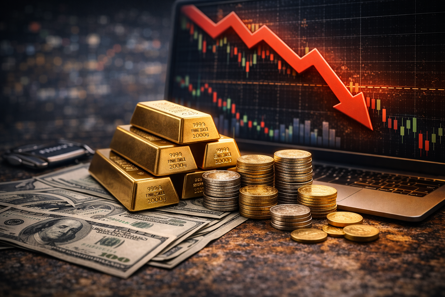 Photorealistic close-up of stacked gold bars and piles of gold and silver coins resting on U.S. dollar bills beside an open laptop showing a downward-trending market chart, under warm, subdued lighting.