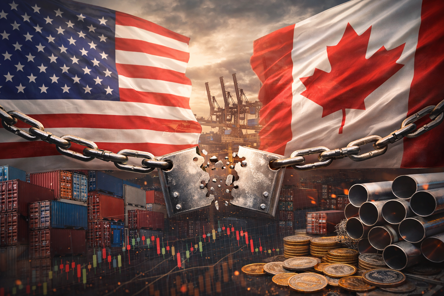 Photorealistic scene showing U.S. and Canadian flags facing each other, linked by a heavy metal chain with a cracked central shackle, above stacks of shipping containers and industrial steel pipes, with faint market chart graphics in the foreground under stormy skies.