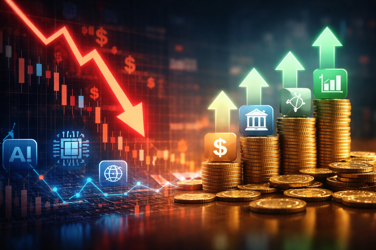 Photorealistic scene showing a red downward market arrow over candlestick charts beside stacks of gold coins topped with glowing upward arrows and sector icons, symbolizing money rotating out of tech into other industries.