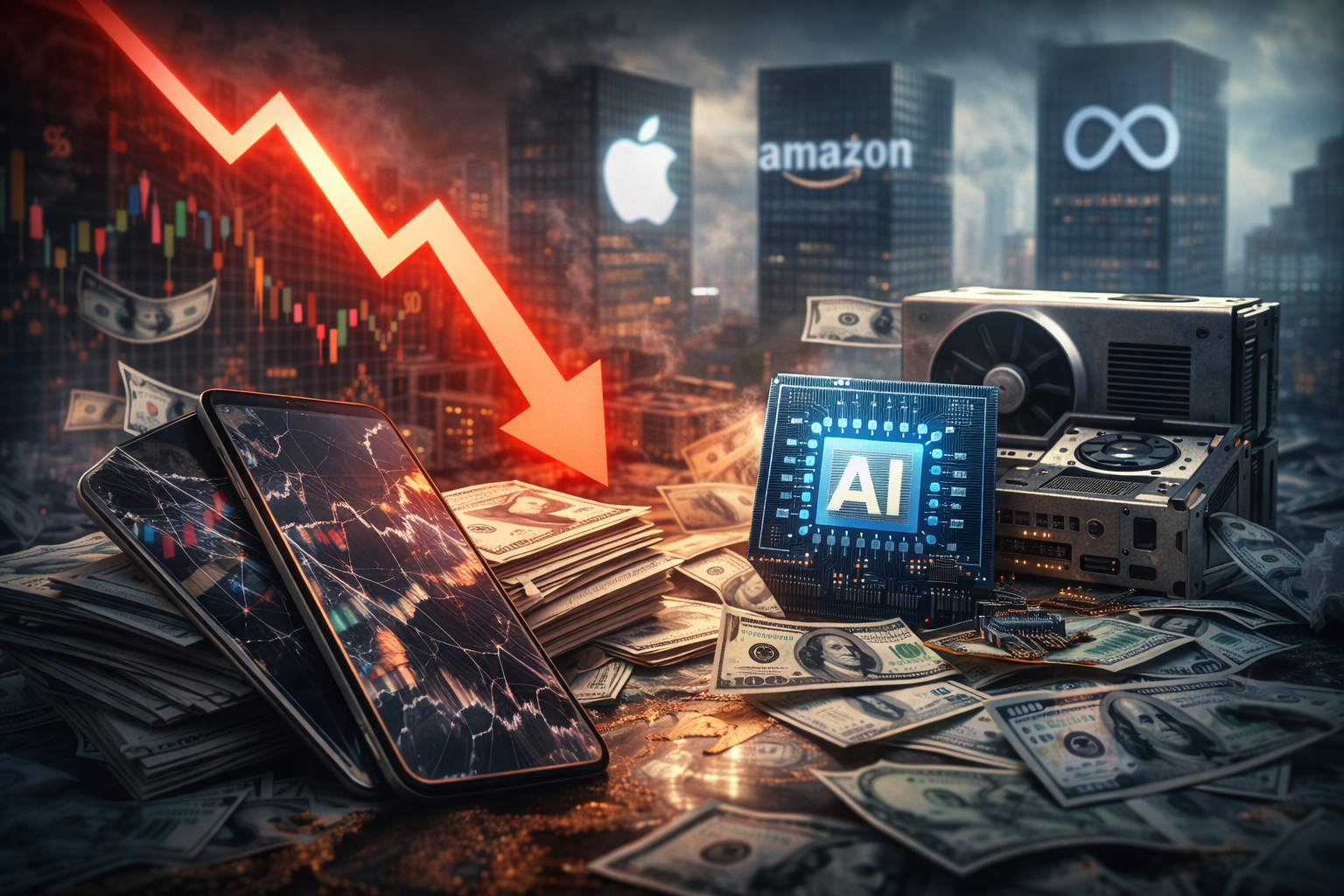 Photorealistic composite scene with a large red downward arrow over market charts, stacks of U.S. dollar bills, cracked smartphone screens, and high-performance computer hardware with an AI-themed microchip in the foreground, set against a moody city skyline.