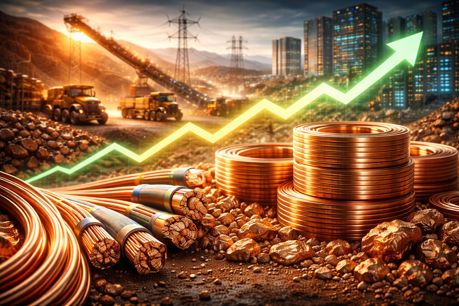 Photorealistic scene with coiled copper wire and thick copper power cables in the foreground, an active open-pit mine with haul trucks and conveyors in the midground, and a modern skyline with transmission towers in the background, suggesting rising demand.