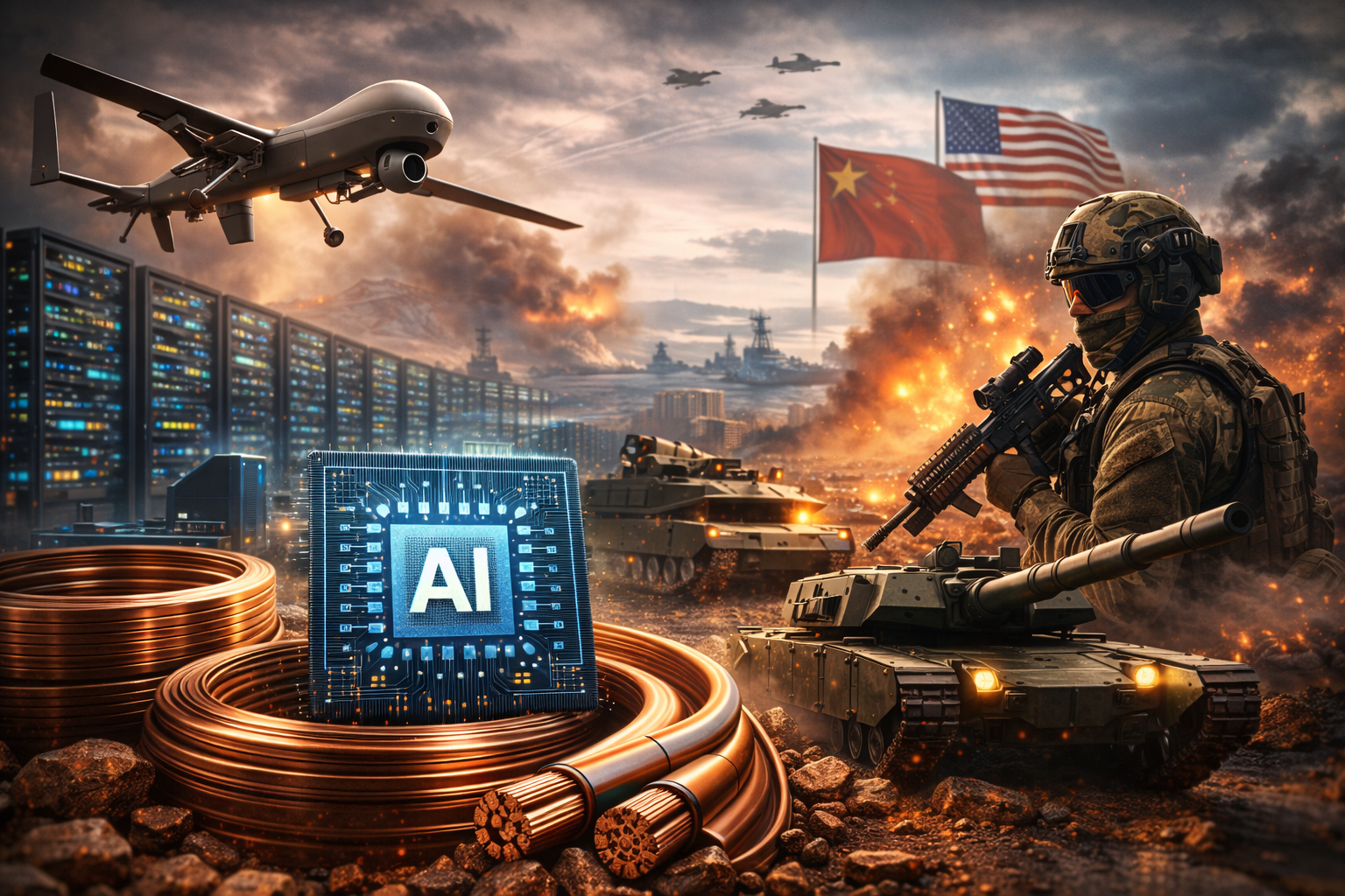Photorealistic scene showing an autonomous military drone and satellite hardware overlaid with advanced circuit-board imagery, alongside industrial manufacturing elements like a semiconductor wafer and factory robotics, symbolizing government-driven tech investment.