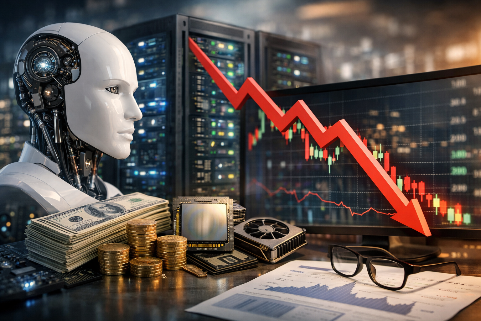 Photorealistic scene of a humanoid robot beside server racks and a trading screen showing a sharp downward red arrow, with cash, coins, and computer chips on a desk.