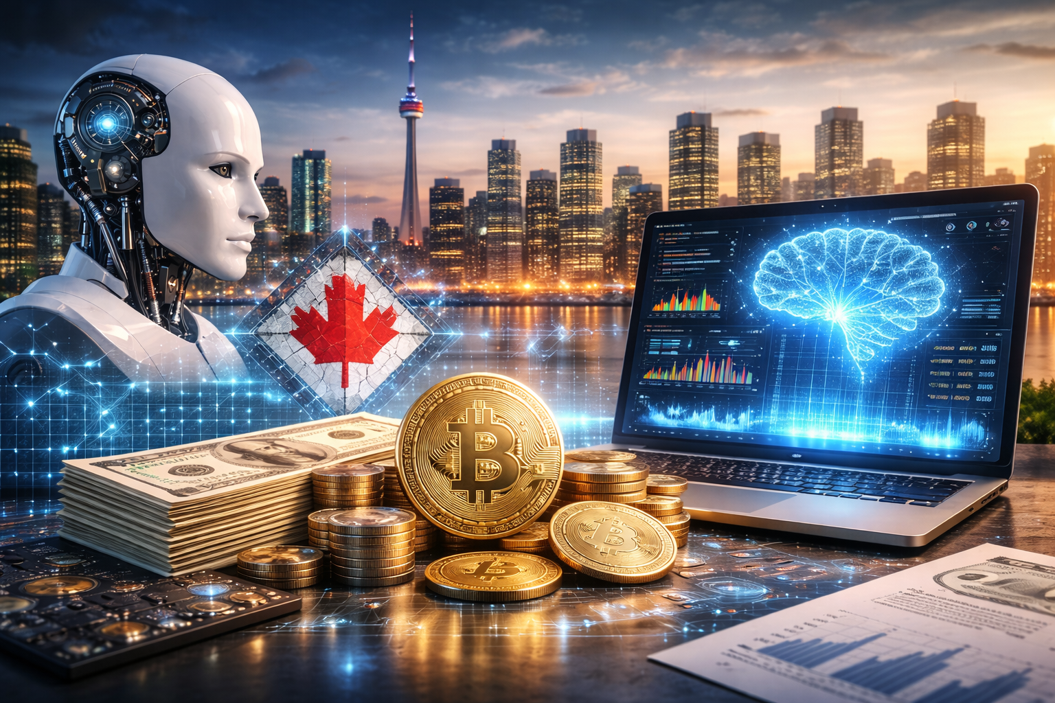 Photorealistic Toronto skyline at dusk with the CN Tower, a humanoid robot beside a laptop showing analytics, and bitcoin-style coins and cash on a reflective surface with a glowing network grid.