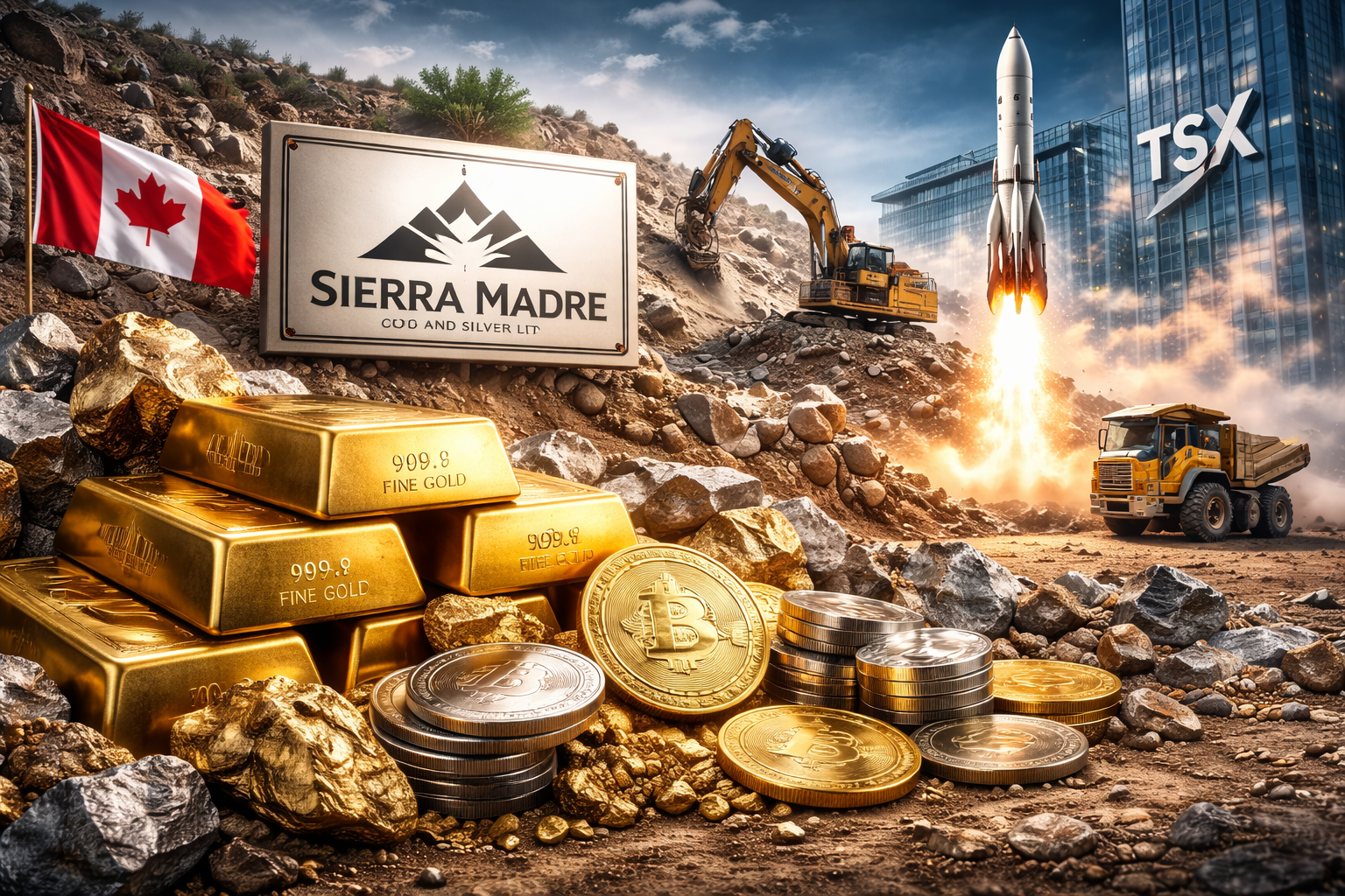 Photorealistic mining-site scene with gold bars, mixed gold and silver coins, and ore in the foreground, a Canadian flag on the left, heavy mining equipment in the midground, and a rocket launching near a modern exchange-like building in the background.