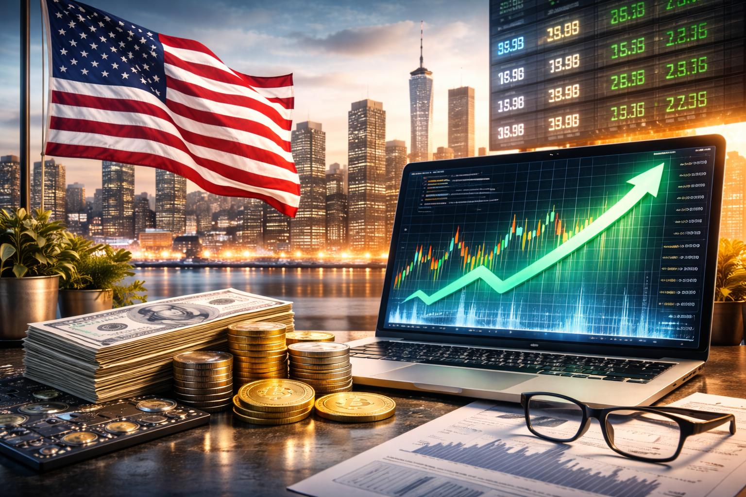 Photorealistic morning desk scene with a laptop displaying an upward market chart, stacks of U.S. dollar bills and coins, glasses on printed financial charts, a large U.S. flag, and a city skyline with a glowing market board in the background.