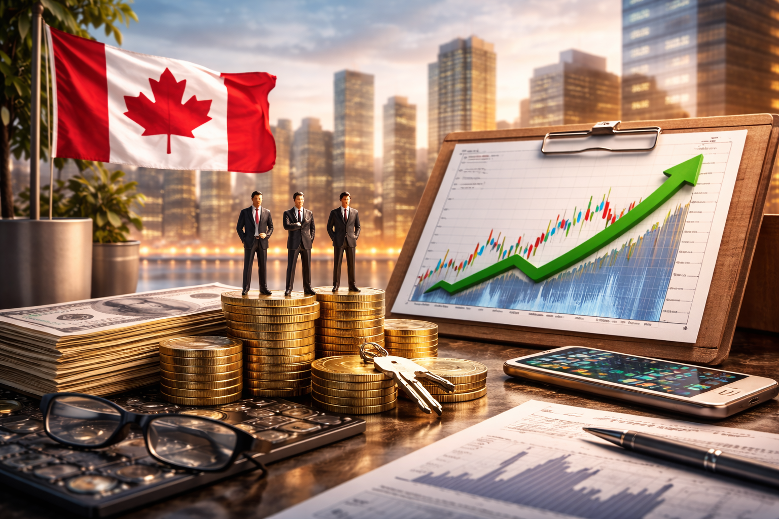 Photorealistic desk scene with stacks of gold coins topped by small business figurines, a clipboard showing an upward-trending stock chart, Canadian flag in the background, and a smartphone, pen, and financial papers under warm evening light with a modern city skyline behind.