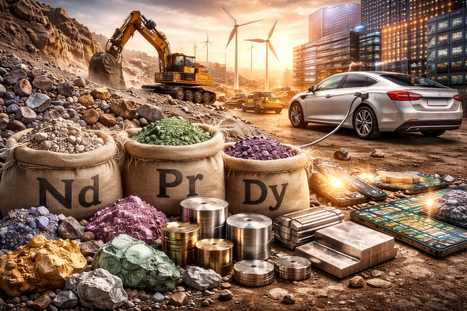 Photorealistic sunset mining scene with an excavator and rocky terrain, sacks of colored mineral concentrates in the foreground, metallic components and circuit boards on the ground, wind turbines in the distance, and an electric car plugged into a charger near modern buildings.