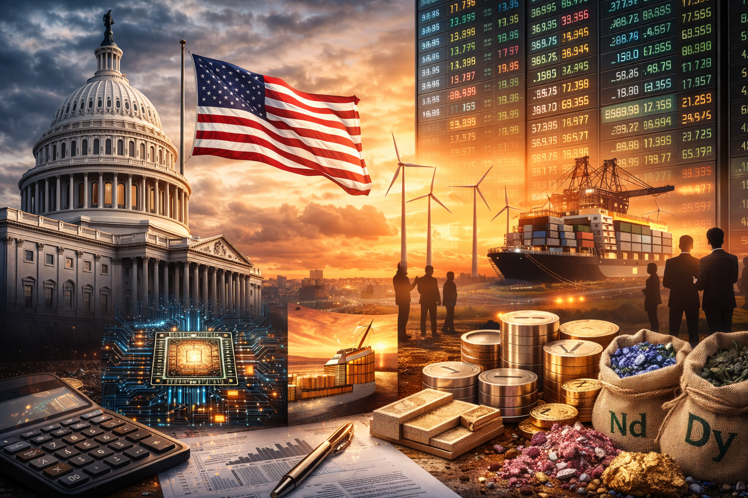 Photorealistic composite showing the U.S. Capitol and an American flag at sunset, with a large stock market board overlay, wind turbines, a cargo ship, semiconductor imagery, industrial metals and mineral sacks, and silhouetted people in the foreground.