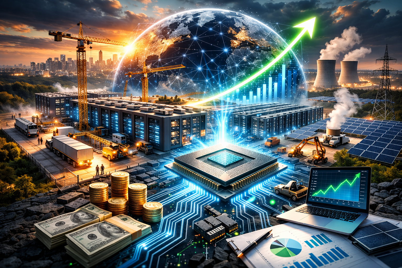 Photorealistic scene of a large modern data center campus with server racks, a glowing microchip on a circuit board, cranes expanding facilities, power lines, renewable energy elements, and an upward-trending financial chart—symbolizing renewed AI infrastructure investment.
