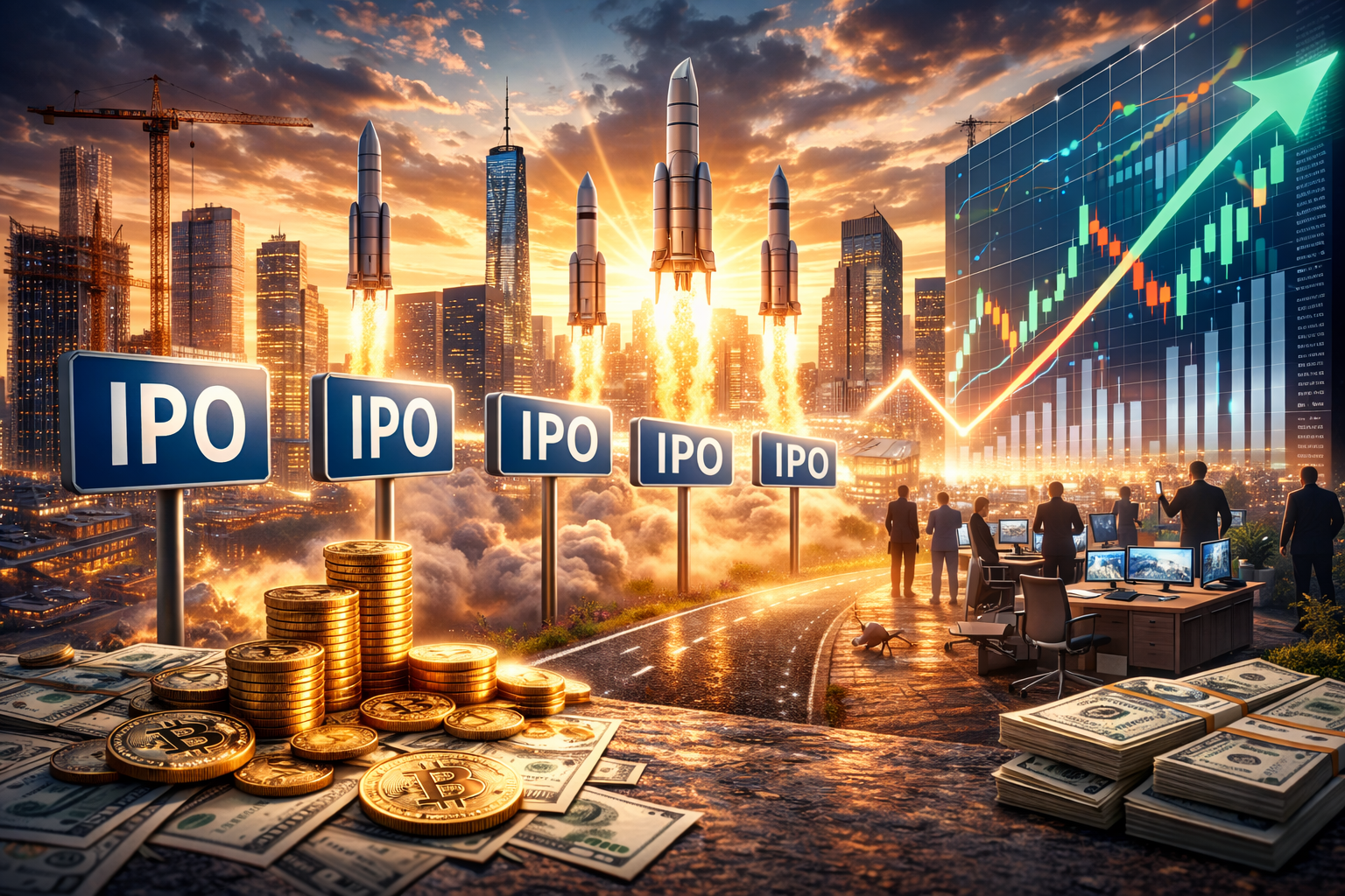 Photorealistic financial-district skyline at sunset with multiple rockets lifting off above a trading-screen backdrop, stacks of cash and coins in the foreground, and IPO-themed placards—symbolizing a surge of new listings and rapid demand from passive funds.