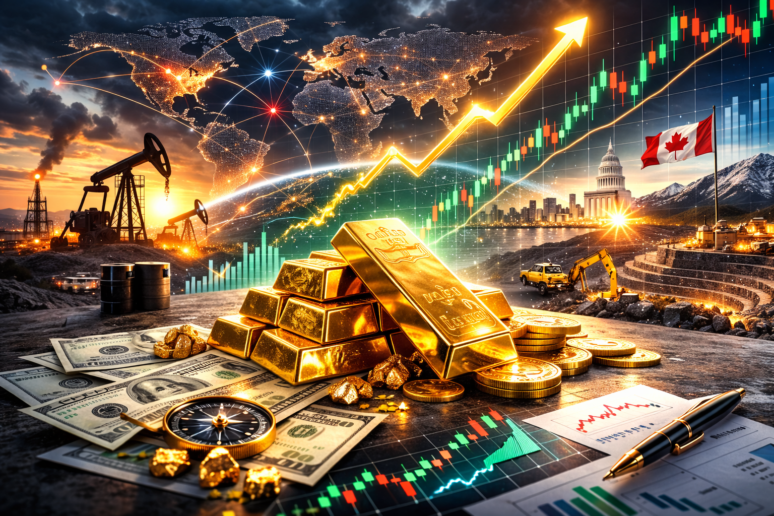 Photorealistic scene of stacked gold bars and scattered coins on a stone surface with U.S. dollar bills nearby, set against a dramatic sunset backdrop featuring oil infrastructure and a mining site, with an abstract global market chart overlay—symbolizing demand for hard-asset protection.