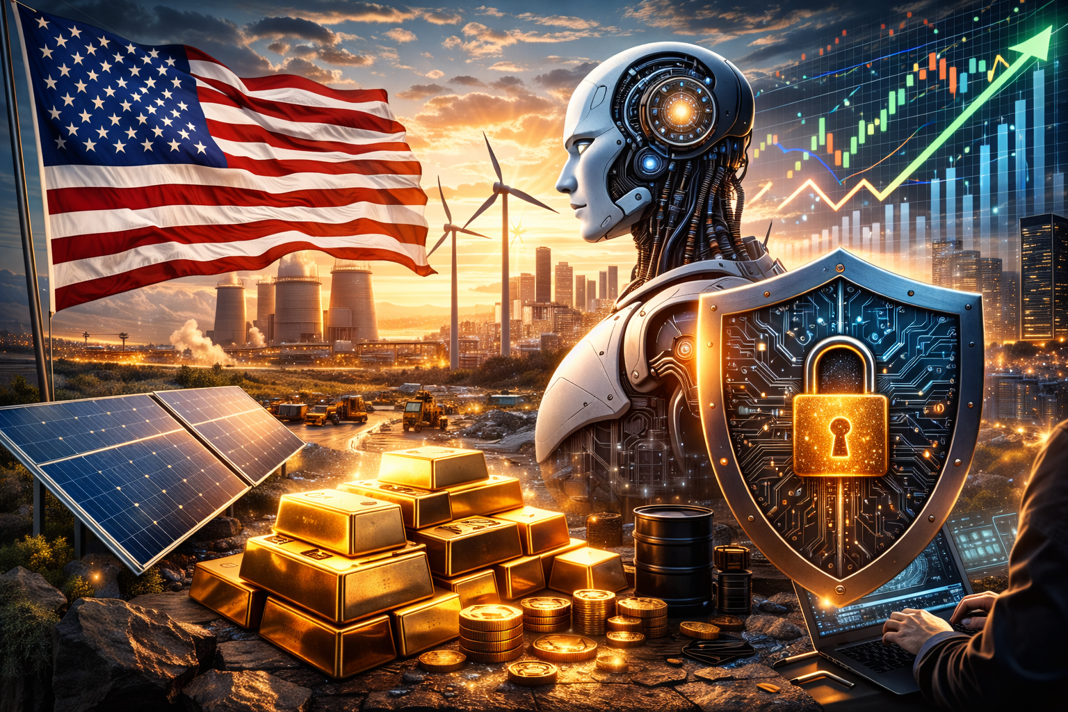 Photorealistic composite showing a large U.S. flag over an energy-and-industry landscape with wind turbines, a power plant, solar panels, and a mining site; in the foreground, a humanoid AI figure carries a glowing cybersecurity shield with a padlock, while a laptop and rising market graphics appear in the background—symbolizing government-led industrial strategy and AI security in finance.