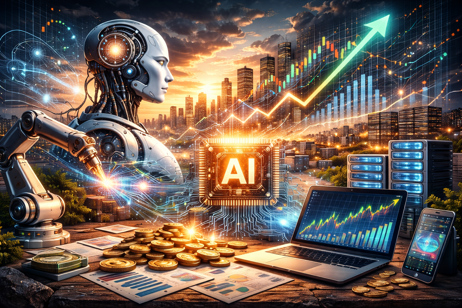 Photorealistic scene of a modern trading desk overlooking a glassy city skyline at dawn, with a glowing silicon chip and server racks in the foreground and abstract, text-free market candles and an upward trend line reflected on transparent screens—symbolizing a tech-led rebound driven by AI monetization confidence.