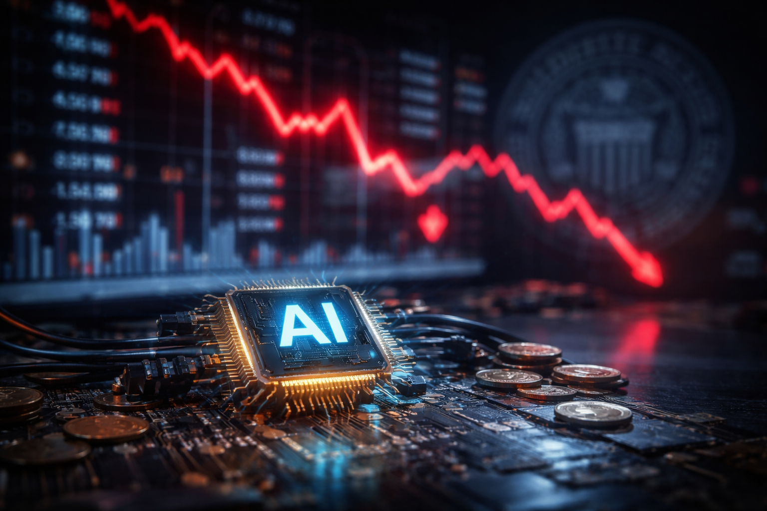Photorealistic close-up of a glowing AI microchip on a circuit board with scattered coins, while a red downward stock chart and a blurred central bank-style seal appear in the background.