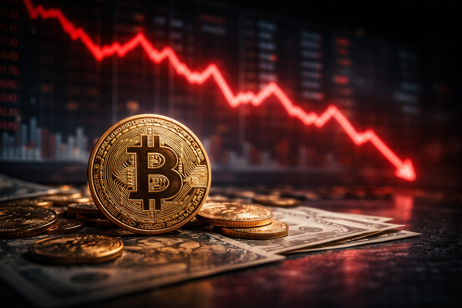 Photorealistic close-up of a physical bitcoin coin on U.S. dollar bills with additional coins nearby, set against a blurred trading screen showing a steep red downward price line.