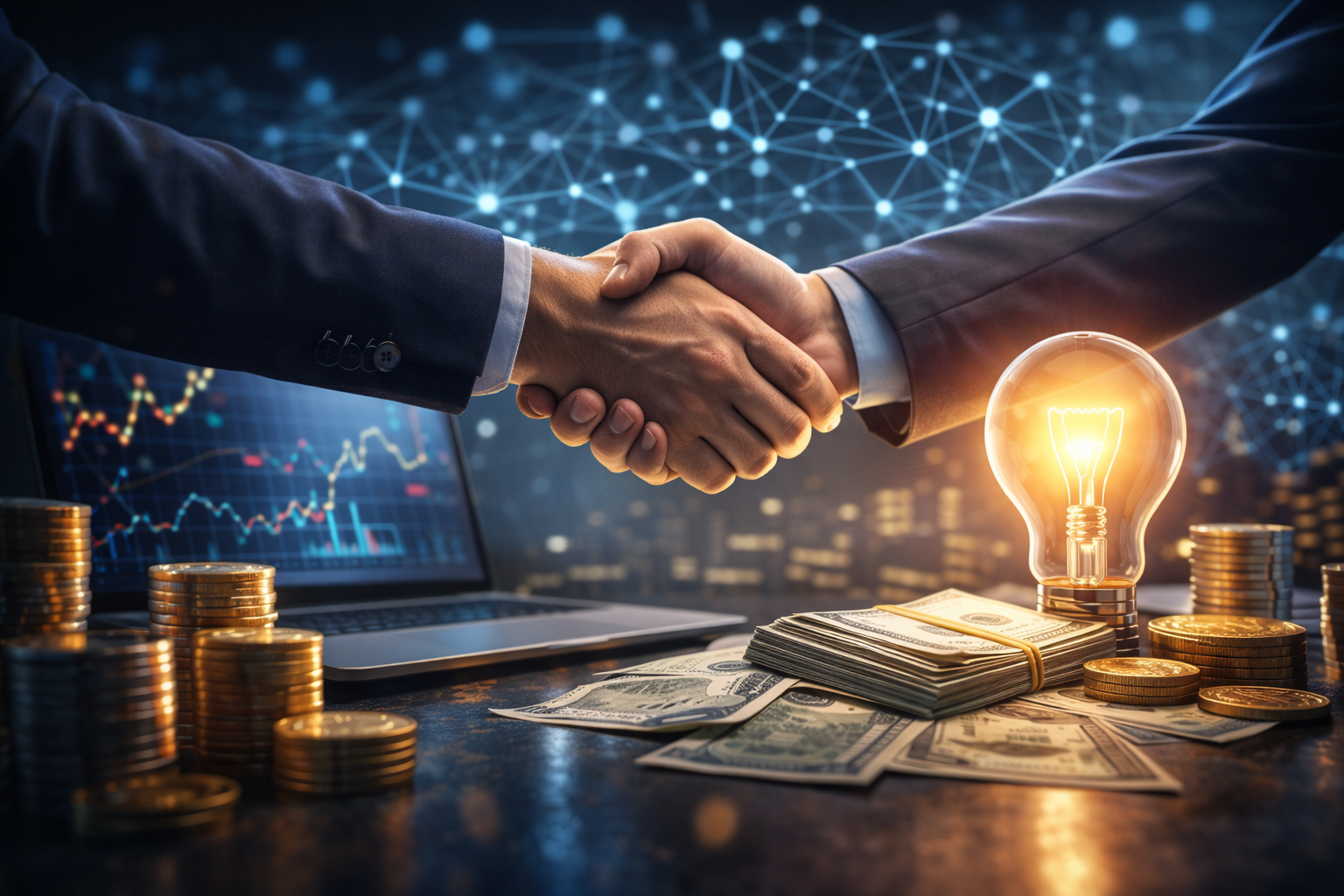 Photorealistic close-up of two business professionals shaking hands across a desk with stacks of coins, cash, a laptop showing an upward-trending chart, and a glowing lightbulb, with a blue network pattern in the background.