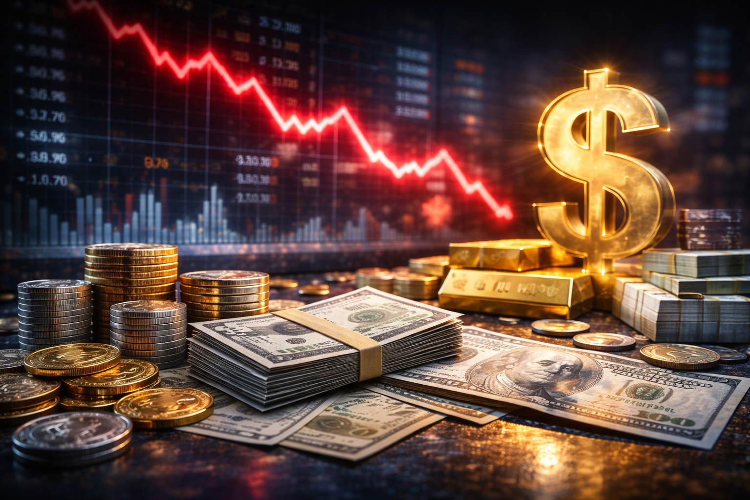Photorealistic scene of stacks of U.S. dollar bills, gold bars, and silver coins on a trading desk with a blurred red downward market chart in the background and a large glowing dollar symbol.